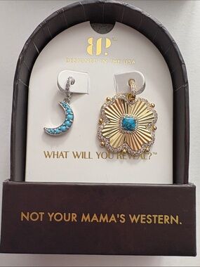 Gold Flower & Turquoise Moon Charm Necklace Set